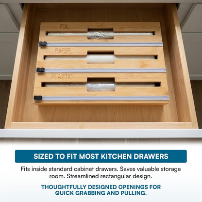Honey-Can-Do Bamboo Wrap Organizer with Safety Cutter — 3-in-1 Drawer Holder for Aluminum Foil, Wax & Parchment Paper, and Plastic Wrap (Fits 12" Rolls)