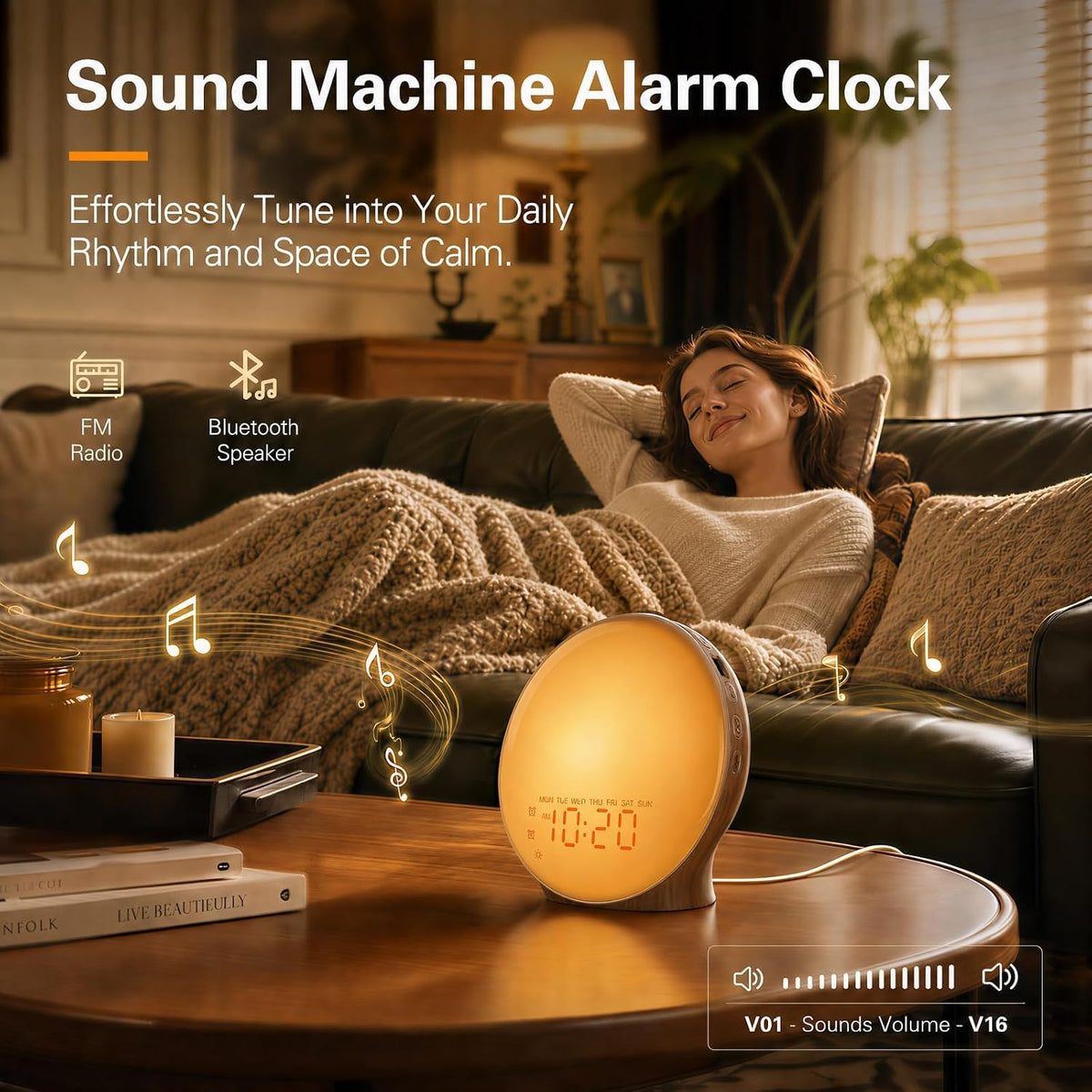 JALL Full-Screen Wake Up Light Sunrise Alarm Clocks for Bedrooms, White Noise Machine for Heavy Sleepers, 25 Natural Sounds, Dual Alarms, FM Radio, 17 Dimmable Colors, Bluetooth Speaker