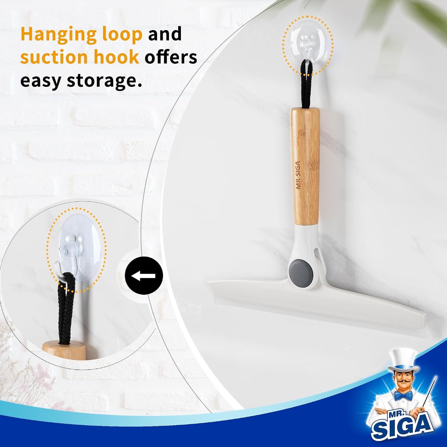 MR.SIGA Silicone Squeegee for Shower Door, Mirror, Glass, 10 inch, White | Streak free shower squeegee for windows, showers and glass surfaces, pivoting bamboo handle, includes 1 suction hook