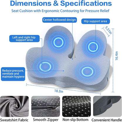 Memory Foam Seat Cushion for Sciatica & Tailbone Pain Relief – Comfort Support for Office Chair, Car Seat, Airplane, Long Sitting Workers & Drivers (Black)