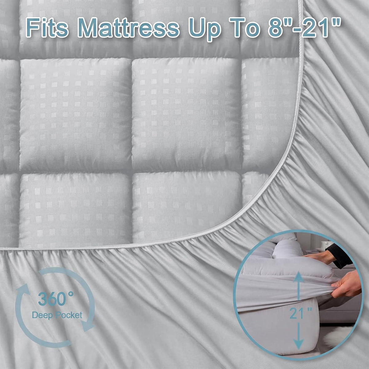 HYLEORY Queen Mattress Pad Quilted Fitted Mattress Protector Cooling Pillow Top Mattress Cover Breathable Fluffy Soft Mattress Topper with 8-21" Deep Pocket, Dark Grey
