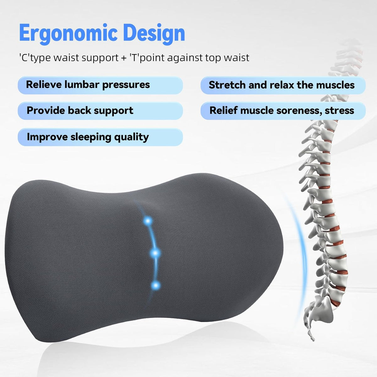 Lumbar Pillow, Memory Foam Lumbar Support Pillow for Office Chair and Car Seat, Ergonomic Streamline Back Pillow for Lower Back Pain Relief, Back Support Pillow for Sitting, Driving, Traveling