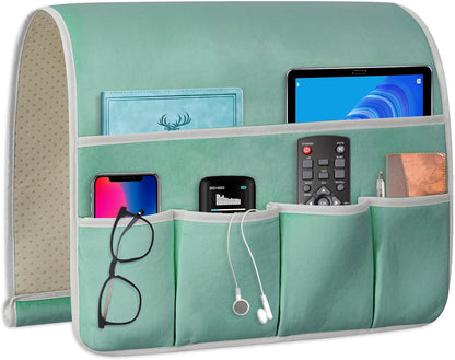 Remote Control Holder for Armchair Caddy, Remote Holder with 5 Pockets | Couch TV Remote Holder with Non-Slip Base, Bedside Caddy Organizer for Key Glasses Phone Magazine (Blue, 35"x12.4")