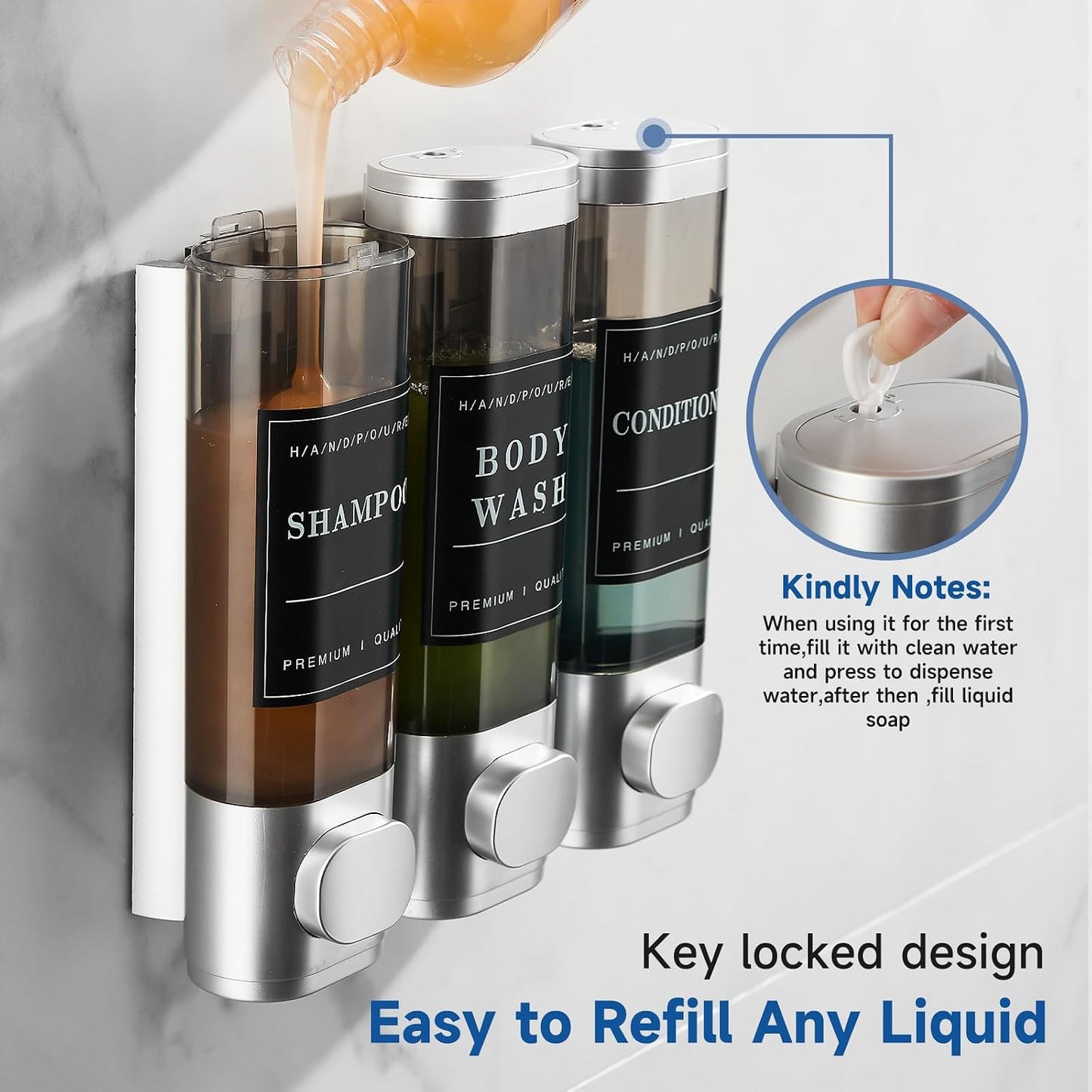 Shampoo and Conditioner Dispenser,Shower Soap Dispenser 3 Chamber No Drill Wall-Mounted Shampoo Dispenser for Shower Wall Mounted Shower Dispenser for Bathroom Hotel Large Capacity, Clear Bright