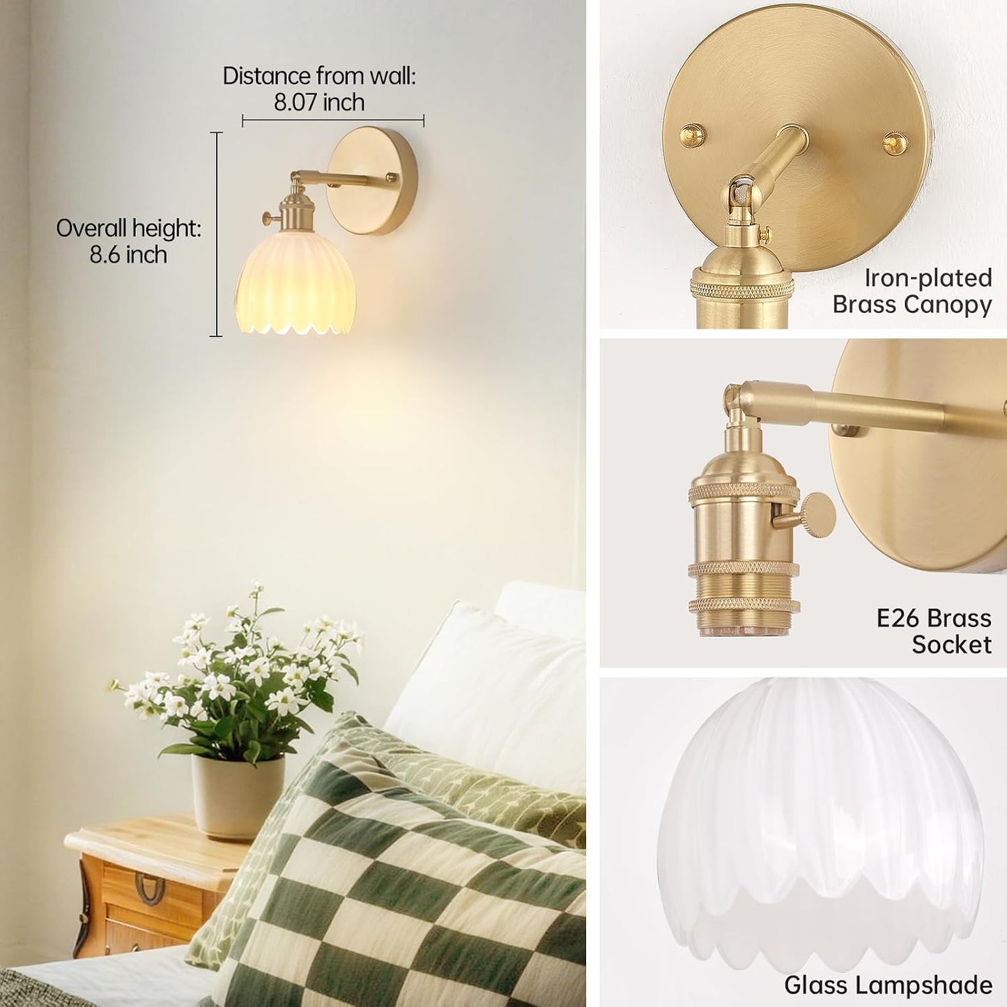 Shenmoyl Vintage Battery Operated Wall Sconce with Green Tulip Glass Lampshade Rechargeable Battery Powered Wall Light with Remote Control for Bedside Bedroom Doorway