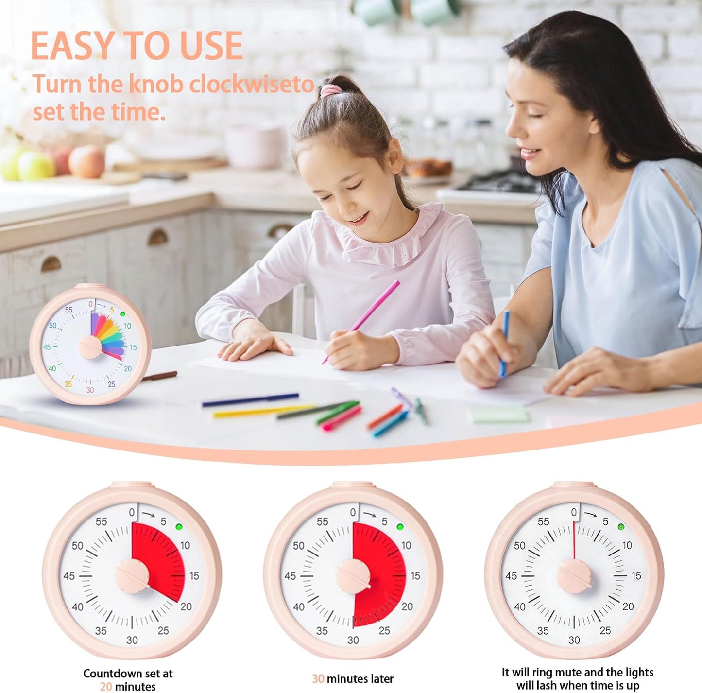 Visual Timer for Kids 60 Minute Countdown Timer Rainbow Disk Desk Timer Clock for Classroom Study Office Kitchen with Silent Operation (Purple)