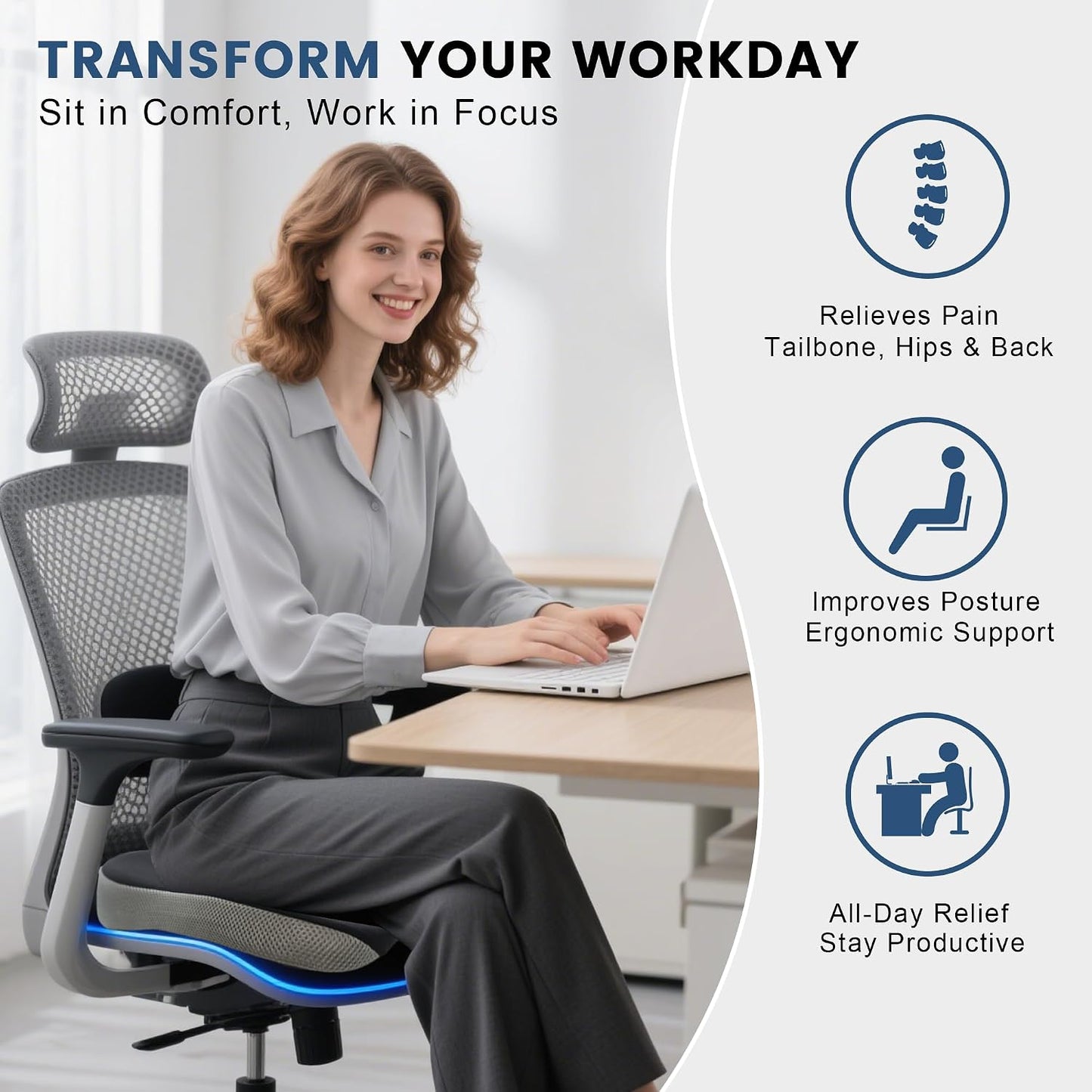 Seat Cushion for Office Chair, Wedge Car Seat Cushion, Memory Foam Truck Seat Cushion for Sciatica Tailbone Pain Relief, Long Driving, Coccyx