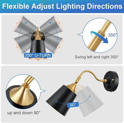 TRLIFE Wall Sconces Plug in, Dimmable Wall Lights with Plug in Cord Adjustable Lighting Angle Wall Mounted Light with On/Off Rotary Switch for Bedside, Bedroom, Over Mirror(2 Pack, 2 Bulbs Included)