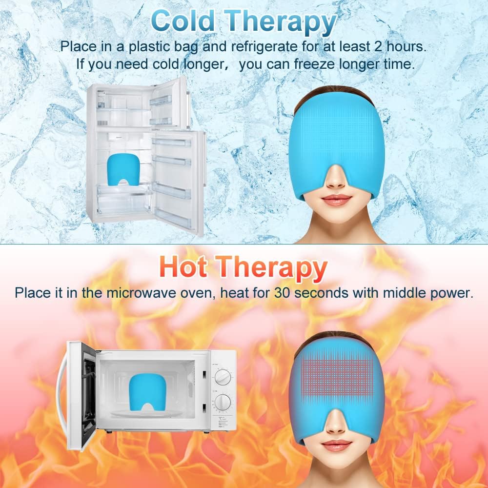 AOOWU Migraine Relief Cap, Reusable Soothing Headache Cap, Odorless Cooling Gel Ice Hat, Ice Pack Head Wrap, Hot and Cold Therapy, Cold Face Mask for Tension Stress Hangover Sinus Puffy Eyes, Blue