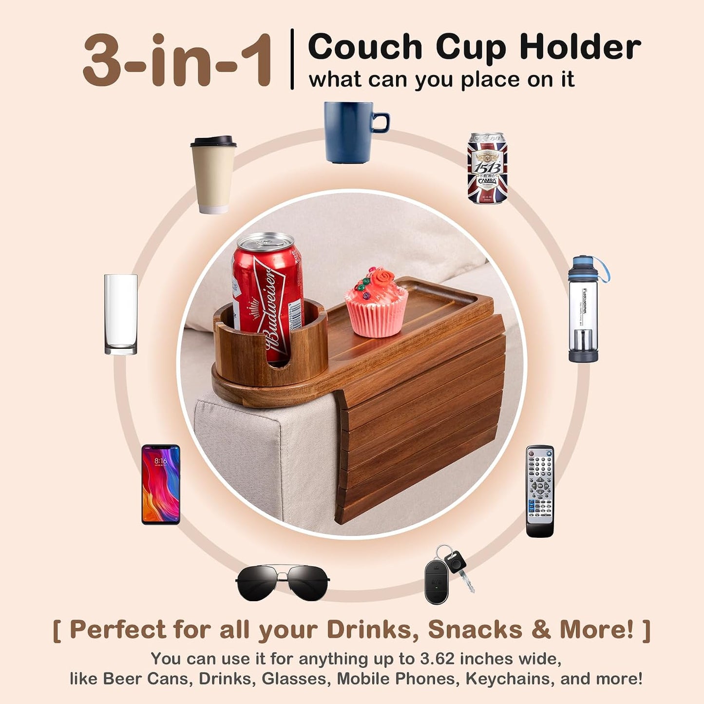 Couch Cup Holder for Armrests Over 4.9" Wide with 360° Phone Stand Walnut | Couch Arm Tray with 360° Rotating Phone Stand, 3 in 1 Foldable Sofa Arm Tray Table for Remote, Snacks, Phone, Drinks
