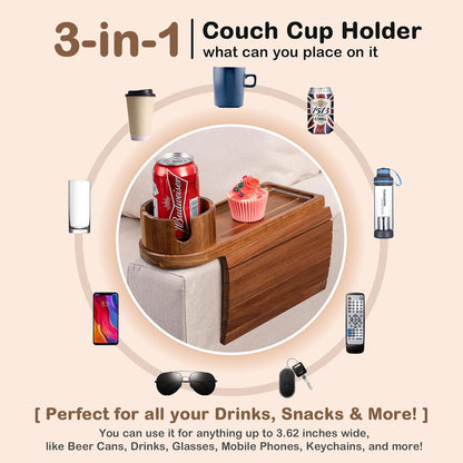 Couch Cup Holder for Armrests Over 4.9" Wide with 360° Phone Stand Walnut | Couch Arm Tray with 360° Rotating Phone Stand, 3 in 1 Foldable Sofa Arm Tray Table for Remote, Snacks, Phone, Drinks