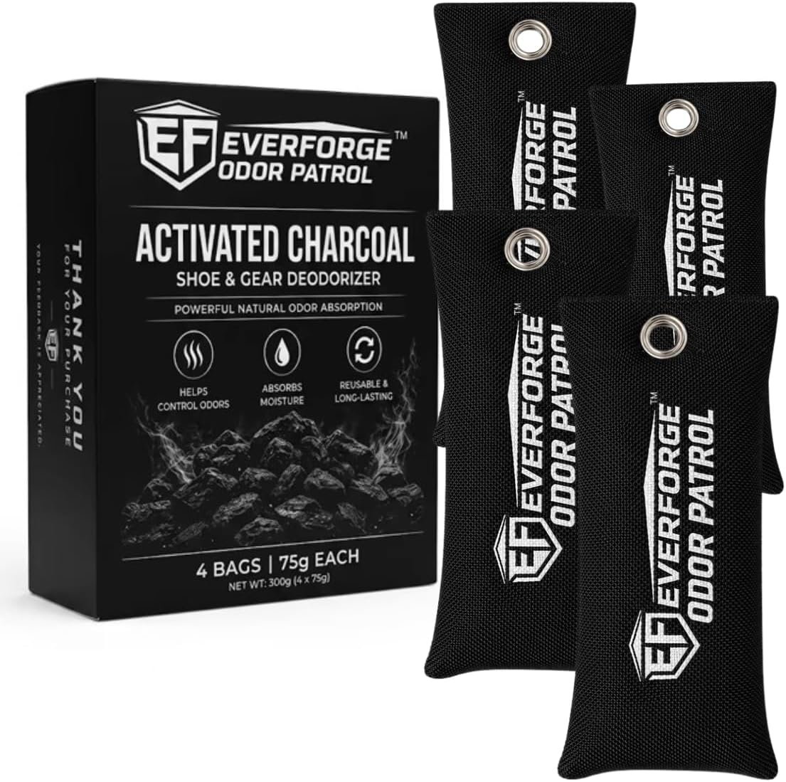 EverForge Odor Patrol Charcoal Deodorizer Bags, Natural Odor Absorber for Shoes & Sneakers, Gym Bags, Lockers, Sports Gear, & Cars, Activated Charcoal, 2-Pack, Unscented