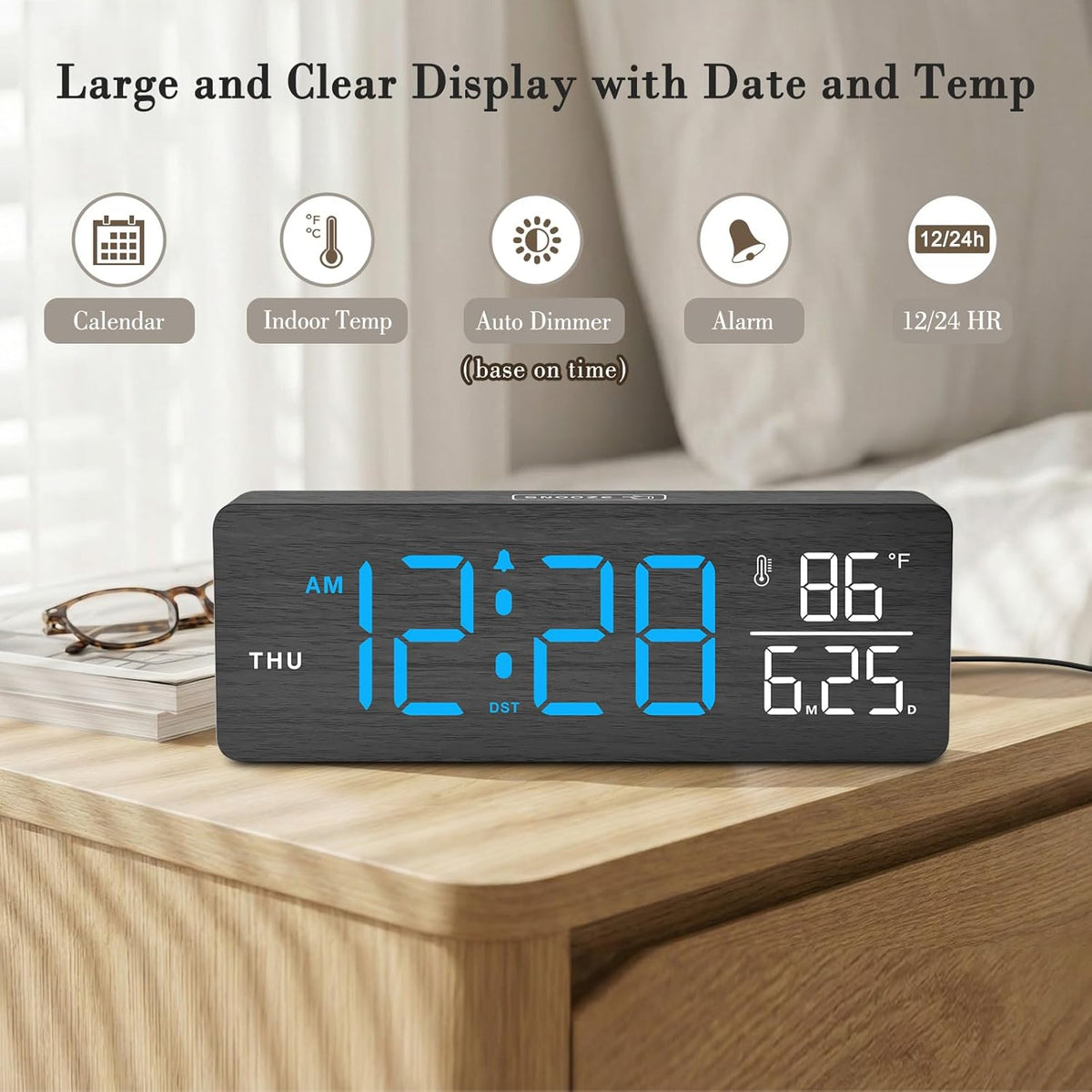 DreamSky Wooden Digital Alarm Clock for Bedroom with Large Numbers