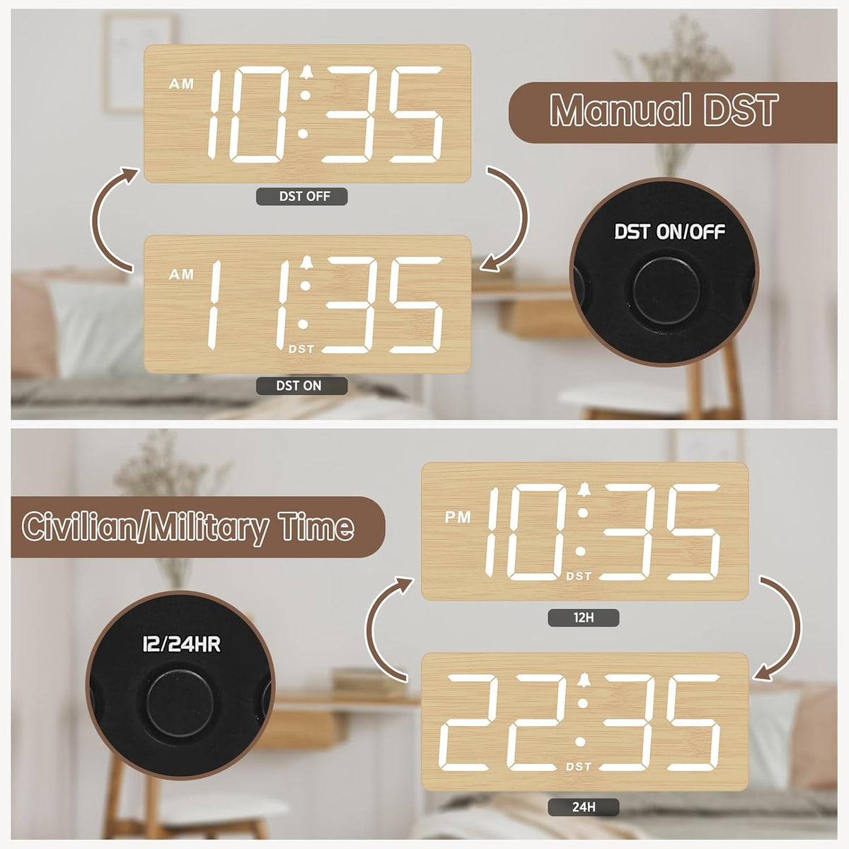 DreamSky Wooden Digital Alarm Clock for Bedroom with Large Numbers