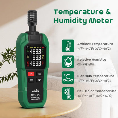 SQECH Temperature Humidity Meter Digital Hygrometer Psychrometer HVAC | Hydrometer Monitor with Ambient Thermometer, Dew Point, Wet Bulb, Flashlight, Max/Min, Data Hold, Color Backlight