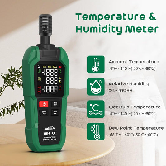 SQECH Temperature Humidity Meter Digital Hygrometer Psychrometer HVAC | Hydrometer Monitor with Ambient Thermometer, Dew Point, Wet Bulb, Flashlight, Max/Min, Data Hold, Color Backlight
