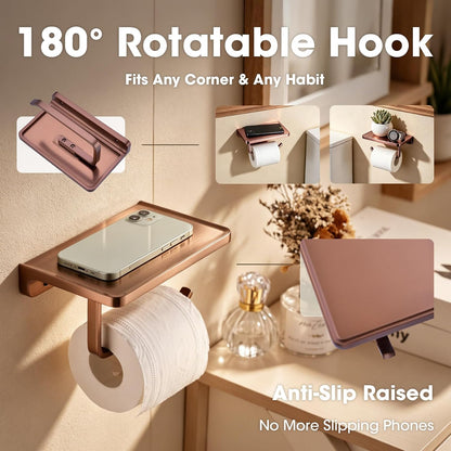 TRUSTMI Toilet Paper Holder with Phone Shelf, Zinc Alloy, Brushed Gold | Solid zinc alloy holder holds 15 lbs and fits jumbo rolls. Shelf stores phones and wipes for easy bathroom organization