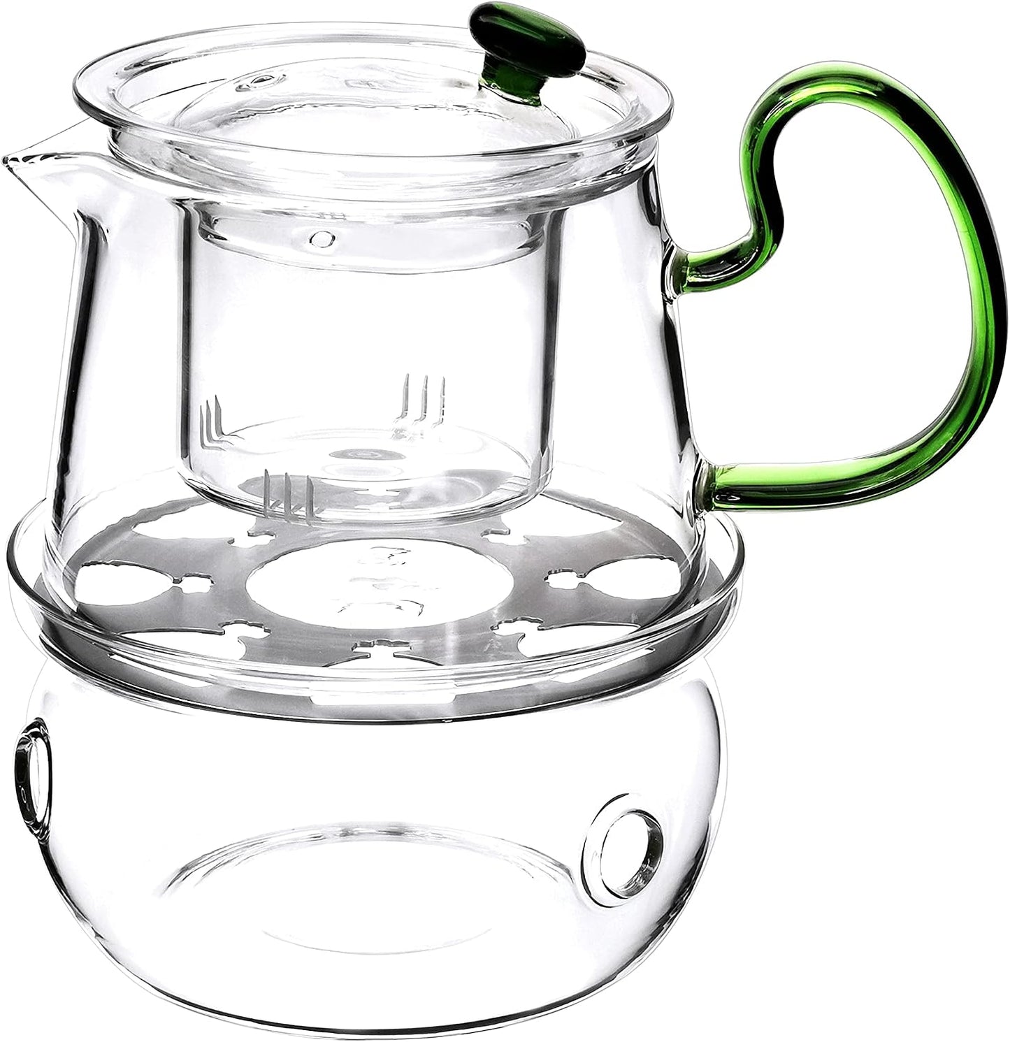 Glass Filtering Tea Maker Teapot with a Warmer and 6 Double-walled Tea Cups Set (Heating base, Standard)