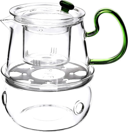 Glass Filtering Tea Maker Teapot with a Warmer and 6 Double-walled Tea Cups Set (Heating base, Standard)