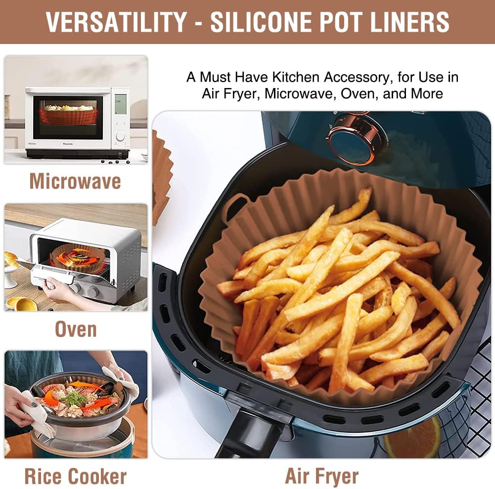 Silicone Air Fryer Liner 2 Pack, Xabzhzn 9 inch Non-Stick Reusable Air Fryer Liners for 5 to 6 7 8 QT Square and Round Basket, Airfryer Silicone Pot Baking Tray Oven Microwave Accessories, Blue+Brown