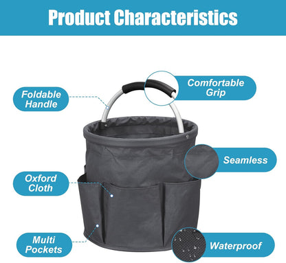 Qivine 17L Cleaning Caddy with Handle, Foldable Cleaning Supply Caddy(Blue) | Cleaning Caddy for Cleaning Supplies, Portable Cleaning Supplies Organizer with 6 Pockets, Cleaning Bucket for Kitchen Garden
