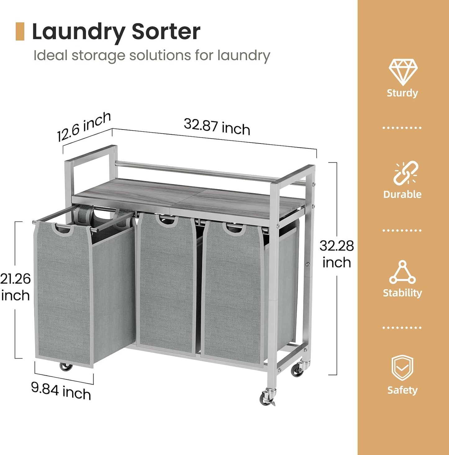 SwaaVee Laundry Sorter, Laundry Hamper 3 Section, 3×11.4Gal, Metal Frame Rolling Laundry Basket with Wooden Top Shelf, Pull out and Removable Laundry Bags, 3 Bags-Black