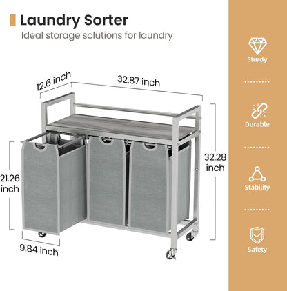 SwaaVee Laundry Sorter, Laundry Hamper 3 Section, 3×11.4Gal, Metal Frame Rolling Laundry Basket with Wooden Top Shelf, Pull out and Removable Laundry Bags, 3 Bags-Black