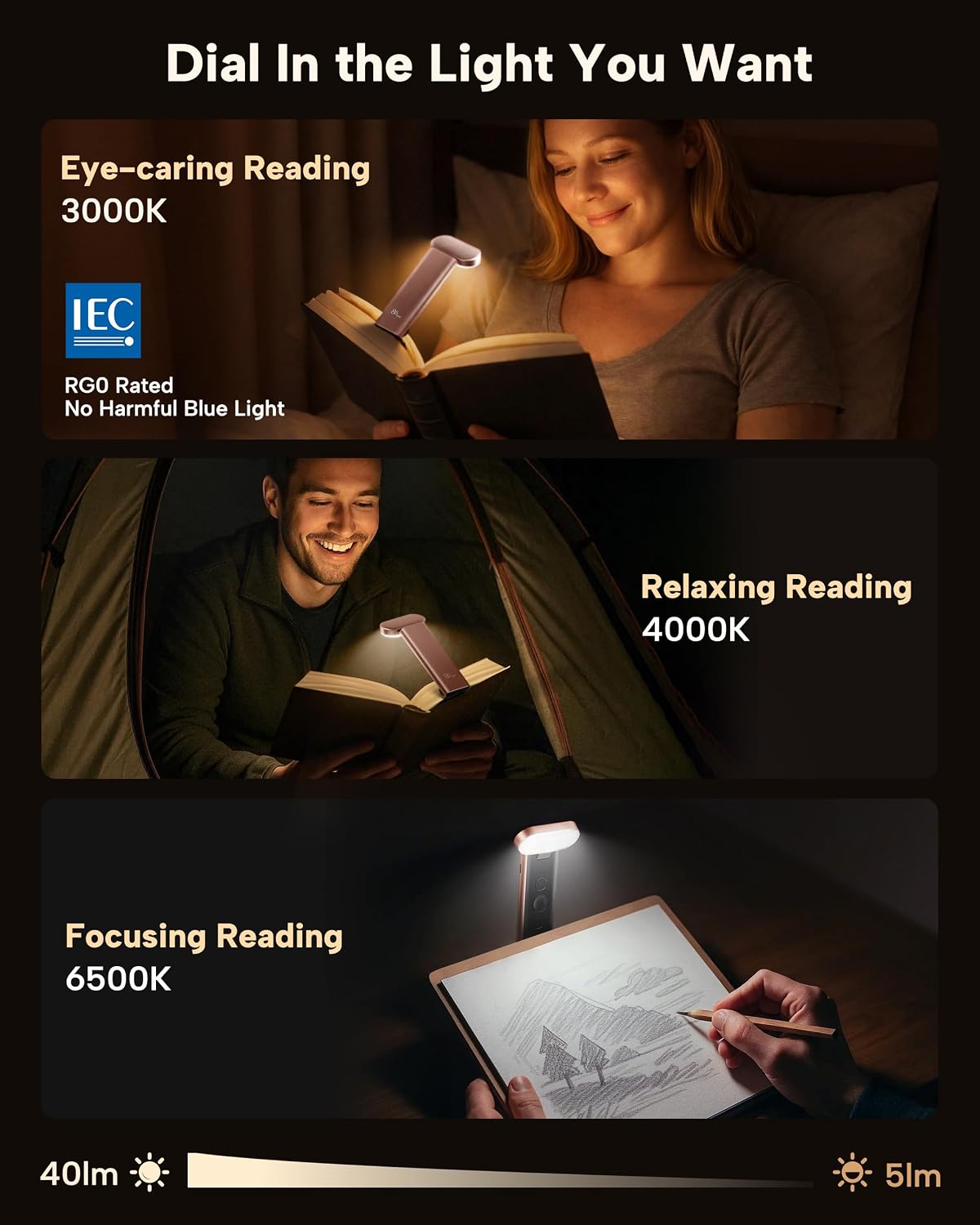 86lux Book Light, Rechargeable Reading Light for Book in Bed | 3 Color Modes & Stepless Dimming, Aluminum Alloy LED Bookmark Light for Book Lovers, Technology Black