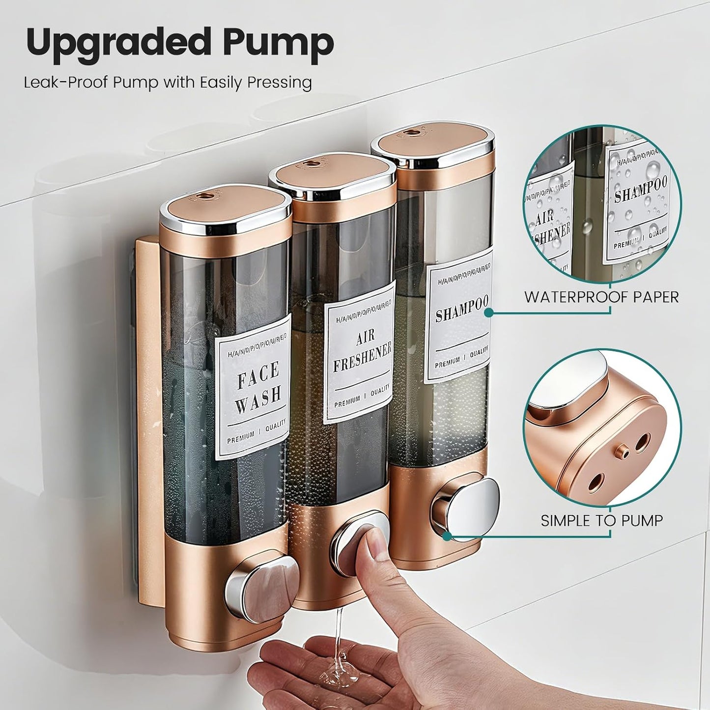 Wall Mounted Shower Soap Dispenser 3 Chamber,No Drill Shower Dispenser | Shampoo and Conditioner Dispenser for Bathroom Hotel Large Capacity, each 300ml with two waterproof labels,Gold