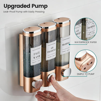Wall Mounted Shower Soap Dispenser 3 Chamber,No Drill Shower Dispenser | Shampoo and Conditioner Dispenser for Bathroom Hotel Large Capacity, each 300ml with two waterproof labels,Gold