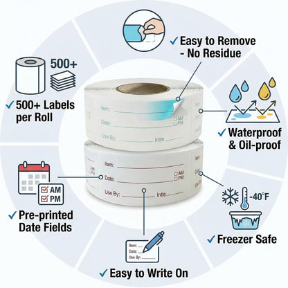 Food Storage Labels, 1 x 2 Inch, 1000 Pieces Removable Freezer Stickers, 2 Rolls