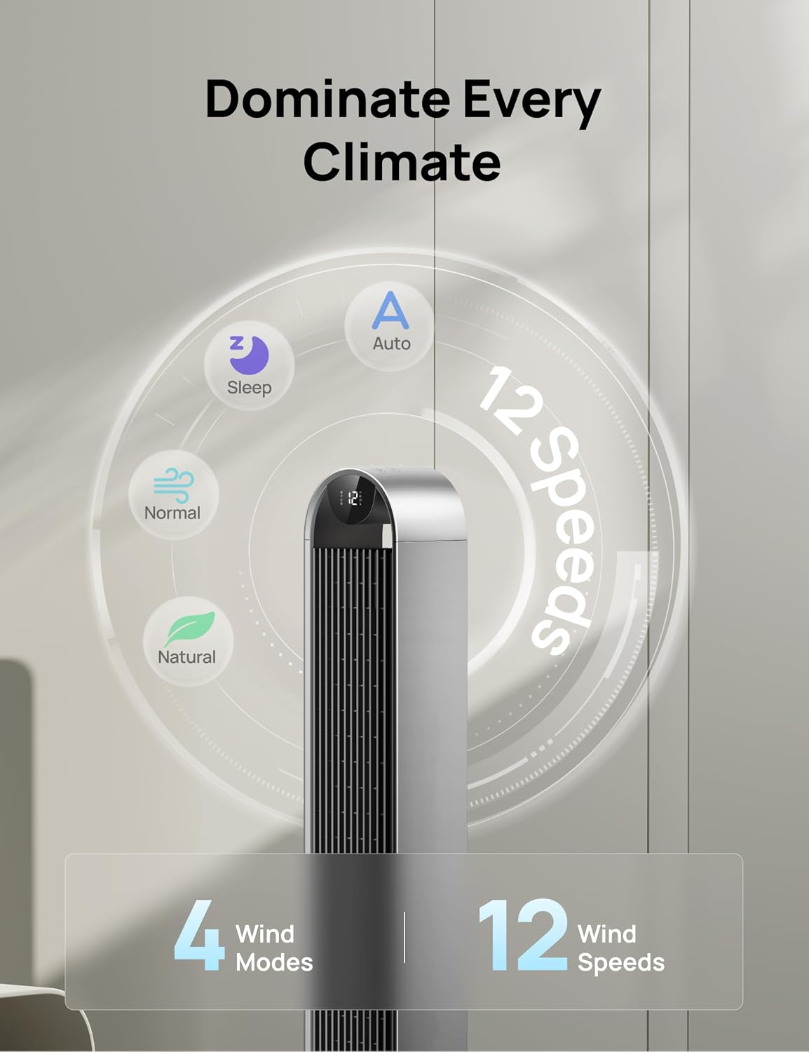 DREO Smart Tower Fan for Bedroom, 120° Oscillating Fan, 12 Speeds