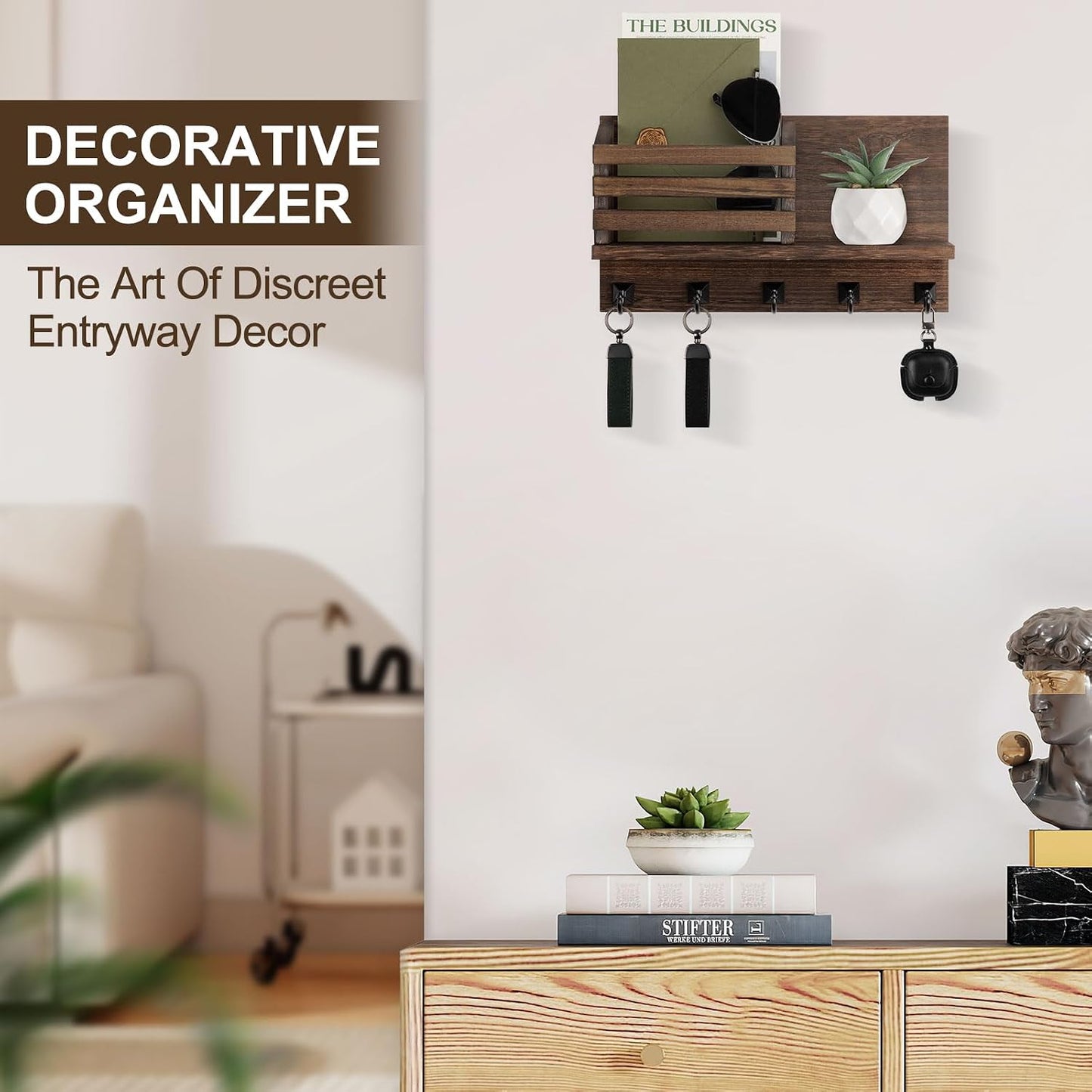 Key Holder Wall Mount, Mail Organizer for Wall with 5 Square Key Hooks | Key Holder for Wall, Key Holder with Shelf Farmhouse Home Decor for Home Entryway