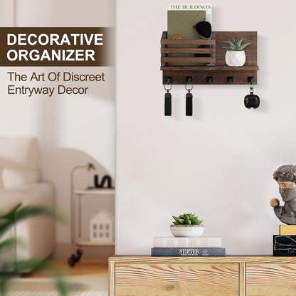 Key Holder Wall Mount, Mail Organizer for Wall with 5 Square Key Hooks | Key Holder for Wall, Key Holder with Shelf Farmhouse Home Decor for Home Entryway