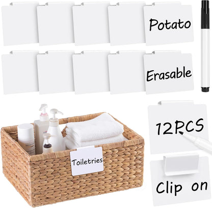 Utron 12pcs White Basket Labels, 3.5x2.7 Clip On PVC Labels with Pen for Storage Bins, Removable Label Holders, Regular