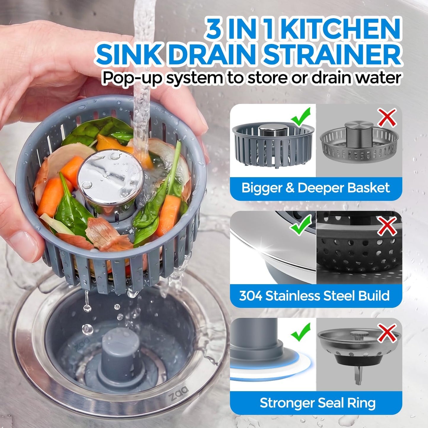 3 in 1 Kitchen Sink Drain Strainer Stopper Removable Basket Pop-Up | Kitchen Sink Food Strainer 1 Pack Silver Stainless - Food Catcher, Odor-Block Seal, Fits 3.5" Drain, Easy Clean
