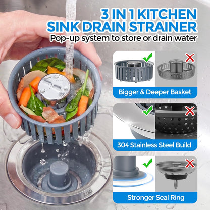3 in 1 Kitchen Sink Drain Strainer Stopper Removable Basket Pop-Up | Kitchen Sink Food Strainer 1 Pack Silver Stainless - Food Catcher, Odor-Block Seal, Fits 3.5" Drain, Easy Clean