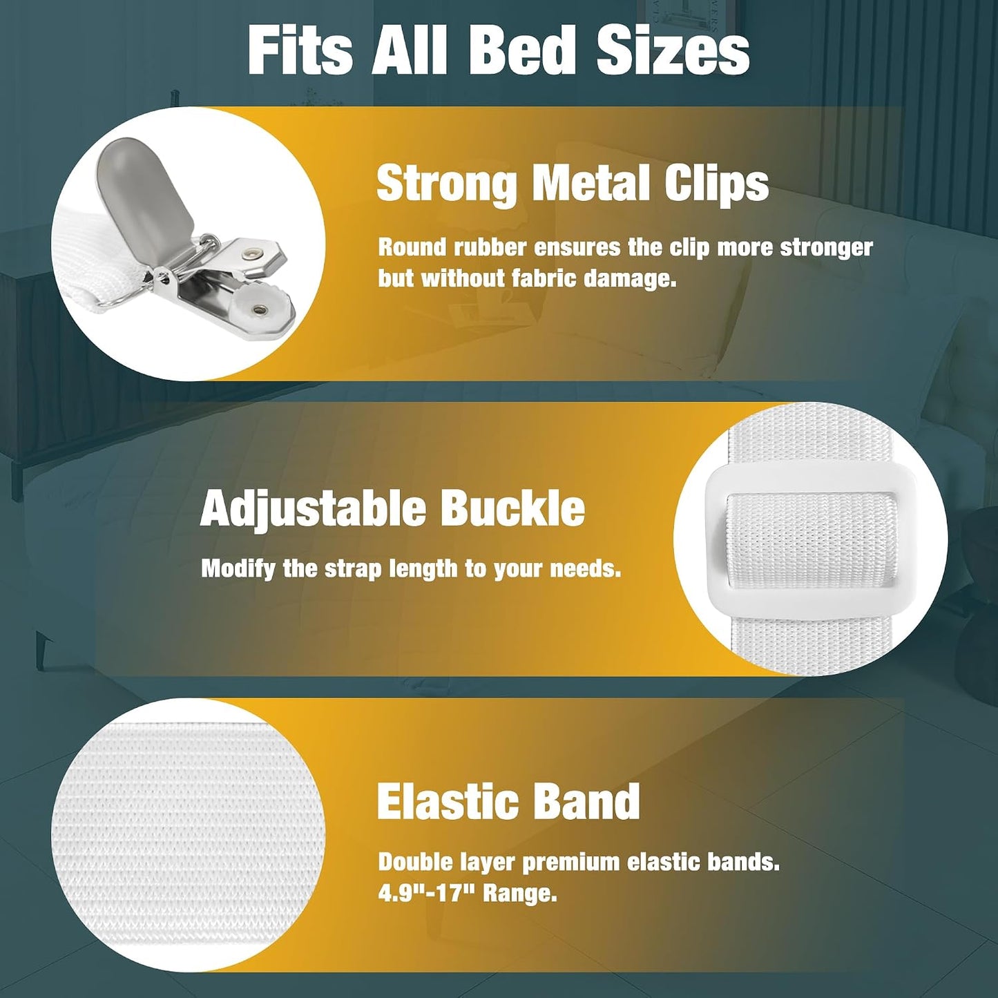 4 Pack Adjustable Elastic Straps with Metal Clips, Bed Sheet Fasteners, Bedding Suspenders for Mattress Covers, Bed Corner Holders and Keepers (White)