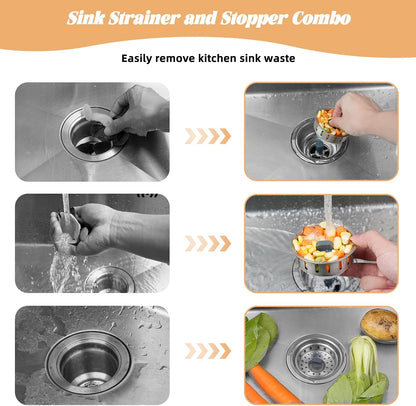 Universal 3 in 1 Kitchen Sink Drain Strainer Stopper Combo, Matte Black | Stainless Steel Shell Pop Up Sink Stopper for US Standard 3-1/2 inch Drain Filter, Anti-Clog and Easy Clean