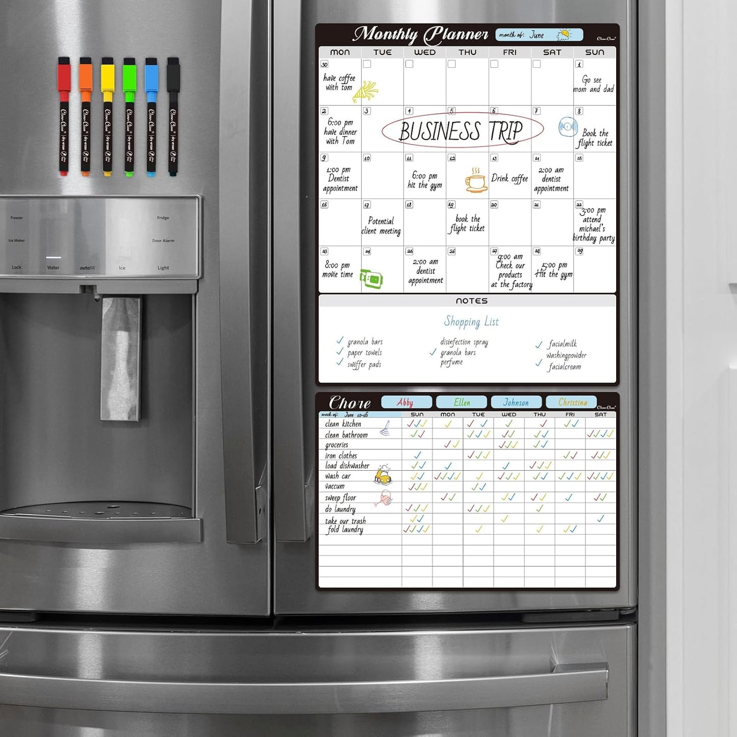 Magnetic Dry Erase Monthly Calendar Set - 15.5"x13" Monthly and 8.5"x13" Weekly Calendar for Fridge - 6 Extra Fine Point Markers Included - Shipped Flat