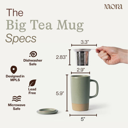 Mora Ceramics Large Tea Mug with Loose Leaf Infuser and Ceramic Lid, 18 oz, Portable, Microwave and Dishwasher Safe, Tall Coffee Cup - Rustic Matte Ceramic Glaze, Modern Herbal Tea Strainer, Olive