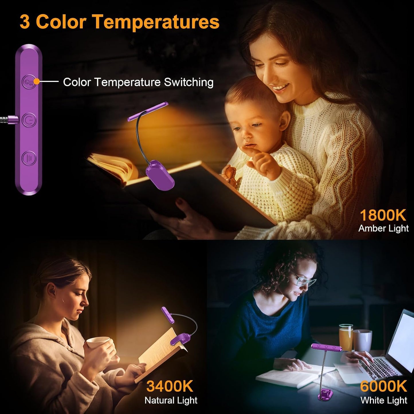 Gritin Rechargeable Book Light for Reading in Bed with 19 LED | Eye Caring 3 Color Temps,5 Brightness Levels,Memory Function,90 Hrs Runtime Flexible Goose Neck Clip on Light for Book Lovers