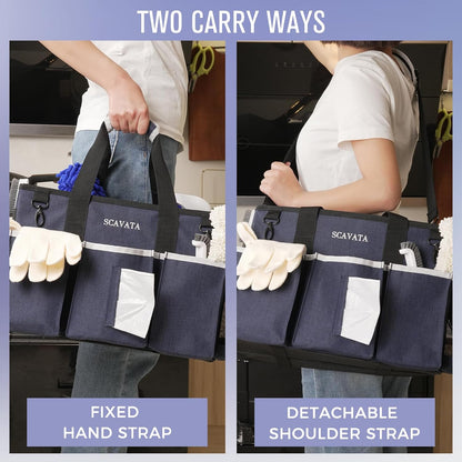SCAVATA Wearable Cleaning Caddy Bag, Cleaning Caddy Supplies Organizer with Handle & Shoulder Straps for Housekeepers, Under Sink & Car Cleaning Tool Organizers with 4 Foldable Divider (Lake Blue)