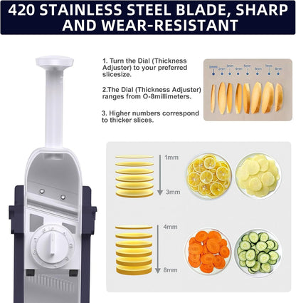 Jonscook All-in-1 Safe Mandoline Slicer for Kitchen, Vegetable Slicer with Container, Adjustable Veggie Mandoline, French Fry Cutter, Potato/Tomato/Onion Slicer, Grater/Cleaning Brush (Black Knight)