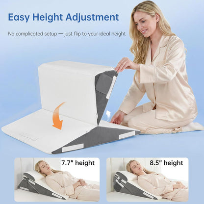 Vekkia 34" Extra-Long Wedge Pillow,7.5" Bed Wedge Pillow for Sleeping,White | Pillow Wedge Back Support for After Surgery, Idea for Acid Reflux,Snoring Relief,Removable Washable Cover&Double Side Pockets