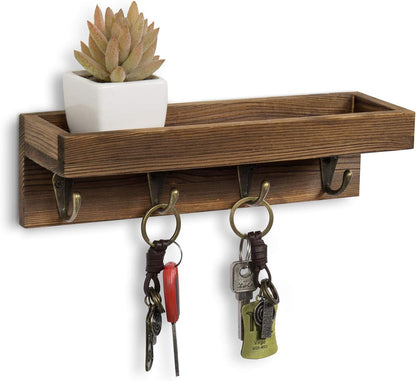 MyGift 10 Inch Brown Wood Wall Mounted Floating Shelf Key Rack with 4 Hooks | Four Metal Hooks, Space Saving Storage, Entryway Organization, Rustic Accent, Keys Mail Accessories Display