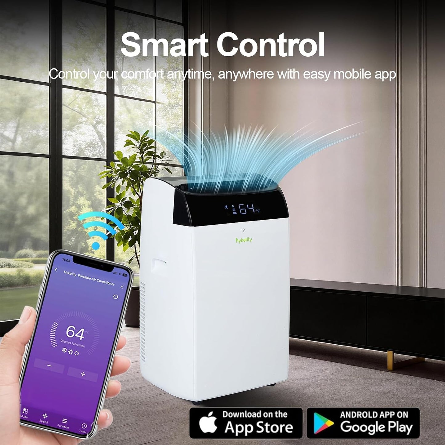 Hykolity WiFi Enabled Portable Air Conditioners 10,000 BTU, Cools Rooms Up To 450 Sq.Ft, 45dB Dual Motor 5 in 1 Quiet Smart AC Unit with Cool, Fan, Dehumidifier, 24H Timer & Sleep Mode