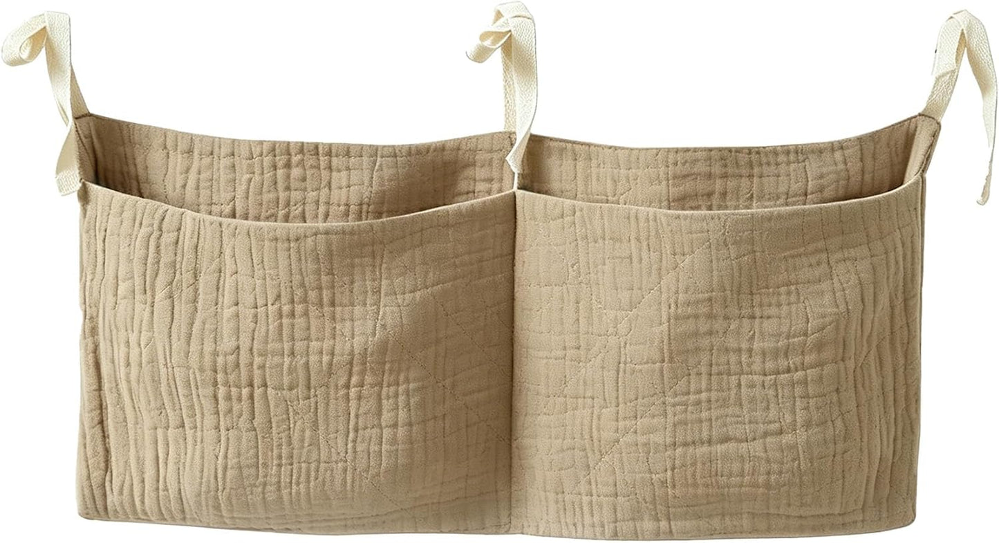 Bedside hanging bag for storing baby milk bottles and blankets - Baby diaper folding bed organizer bag - Brown
