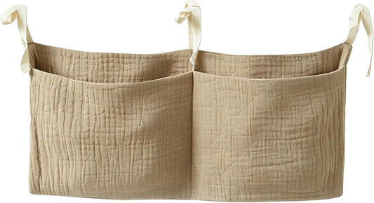 Bedside hanging bag for storing baby milk bottles and blankets - Baby diaper folding bed organizer bag - Brown
