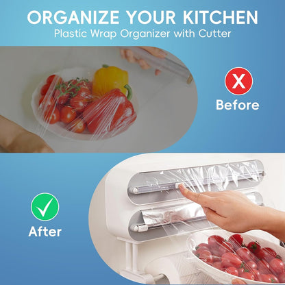 Magnetic Plastic Wrap Dispenser with Cutter,3 in 1 Aluminum Foil wrap Organizer,Upgrade Practical Refillable Cling Wrap Film Cutter，Wall Mount Kitchen Wrap Dispenser - Fits 12" Roll, White
